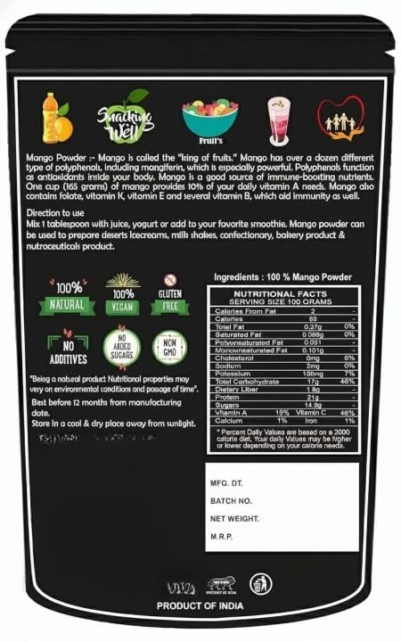 Mango Fruit Powder | Dry No Added Sugars and Preservatives Amchoor Rich in Iron |Organic For Chutney Pickle and Fruit Salad - 100 gm