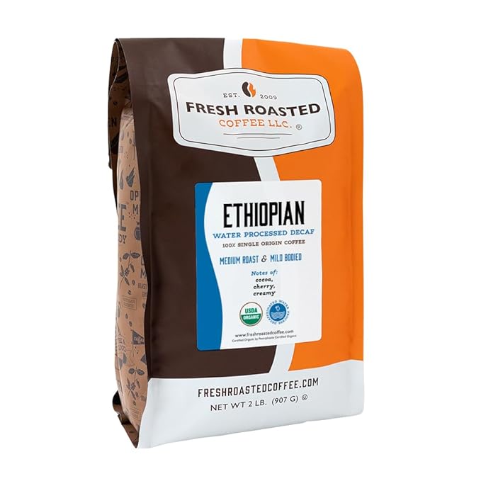 Fresh Roasted Coffee Organic Ethiopian Sidamo Water-Processed Decaf | USDA Organic 100% Single Origin Kosher | Medium Roast 2 lb (32 oz) Ground