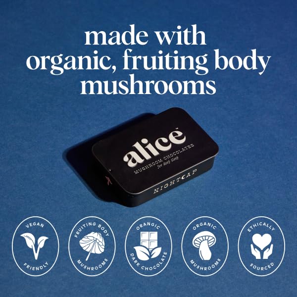 Alice Mushrooms Nightcap | Mushroom Chocolates | Supports Deep Sleep Calm Mind and Stress Relief - Reishi &amp L-Theanine | Regulates Sleep Cycles &amp Reduces Tension - Magnesium Zinc