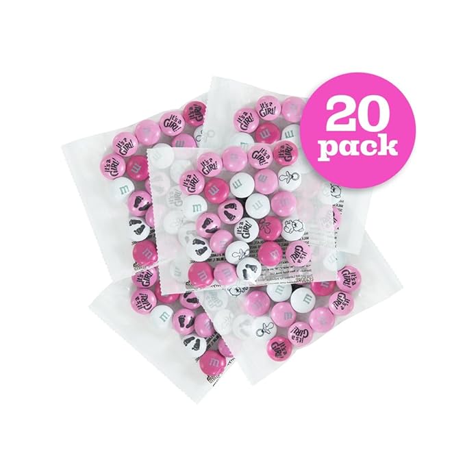 M&ampM'S World Baby Girl Milk Chocolate Favors 20 Packs 0.75oz each with Pink and White M&ampM'S for Girl Baby Showers Gender Reveal Parties and Guest Giveaways