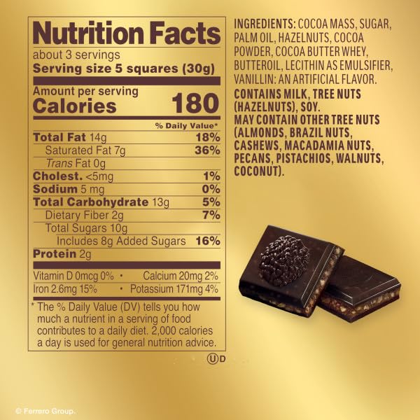 Ferrero Rocher premium chocolate bar Dark chocolate bar Hazelnuts and Cocoa Filling Perfect Self Treat 3.1 oz Each