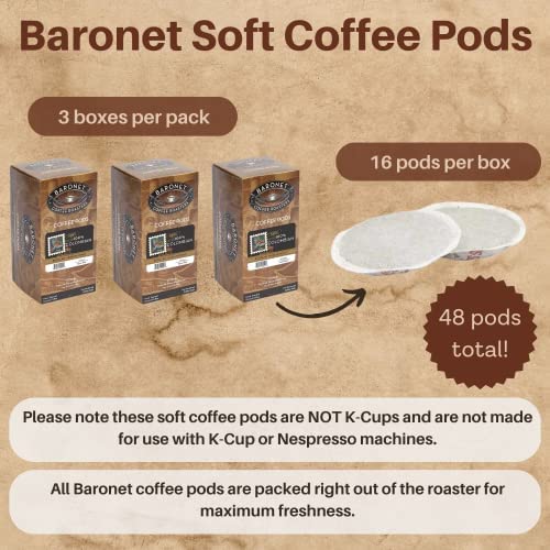 Baronet Coffee Colombian Coffee Pods Bag - Regular Medium Roast - 3 Boxes of 16 Single Serve Pods - 48 Count 12 Grams - Individually Wrapped for Freshness - Rich Traditional Flavor