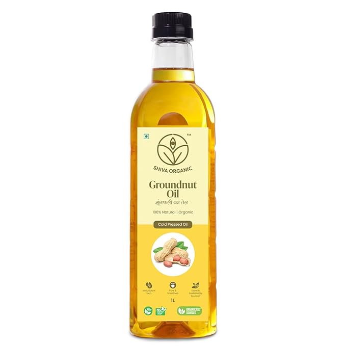 Shiva Organic Cold-Pressed Groundnut Oil - 100% Natural Certified Organic - 1L (33.8 fl oz) for Cooking Frying and Healthy Living