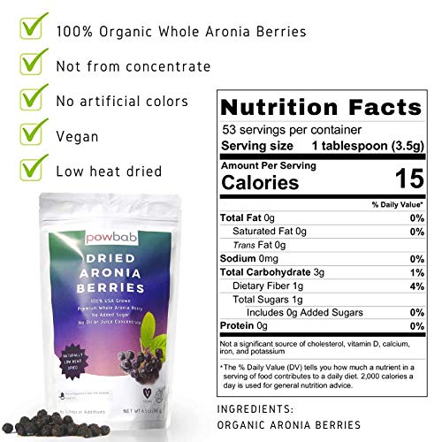 powbab Dried Aronia Berries from 100% USA Grown Organic Aronia Chokeberry. No Added Sugar. Not Freeze Dried Not Frozen. Made in USA Whole Black Chokeberry (6.5 oz)