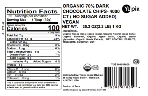 Yupik Organic Dark Chocolate Chips 70% Cacao 2.2 lb (35.2 oz) No Sugar Added Gluten-Free GMO-Free Kosher Vegan Dairy-Free Small Size Rich Dark Chocolate Melts Smoothly Ideal for Baking