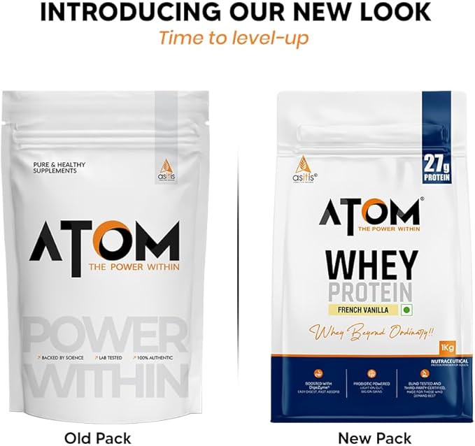 AS-IT-IS Atom Whey Protein 1kg/35.2 Oz With Digestive Enzymes | Usa Labdoor Certified for Accuracy &amp Purity | French Vanilla Flavor | 27g Protein | 5.7g Bcaaâ