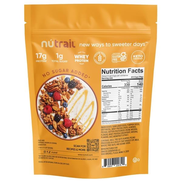 Protein Nut Granola Honey Nut – 17g Protein No Sugar Added Made with Whey Protein Nuts &amp Seeds Keto Certified Gluten-Free Grain-Free Kosher 1g Sugar High Protein Crunch – 22 oz Resealable