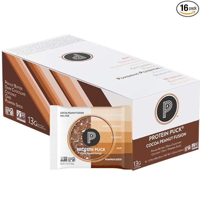 Protein Puck Plant Based Bars | Snacks with Vegan Protein | 16 Count | 3.25 oz Full Size | Gluten Free Non Dairy Kosher Certified Non GMO Premium Healthy Bars | Cocoa Peanut Fusion