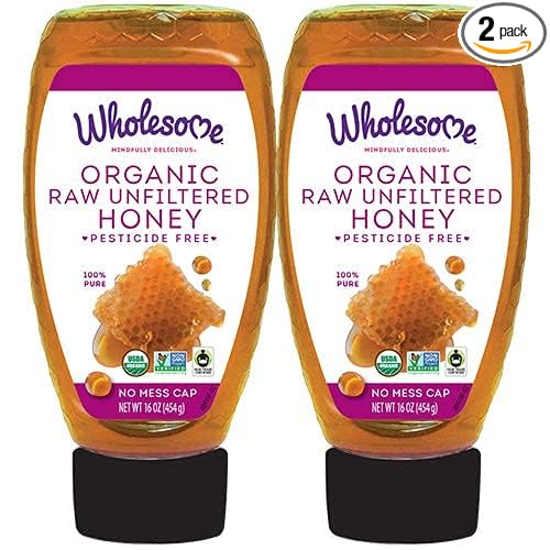 Wholesome Organic Raw Unfiltered Honey Pesticide Free Fair Trade Non GMO &amp Non Glyphosate 16 Ounce Squeeze Bottle (Pack of 2) (Packaging May Vary)