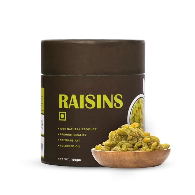 Plain Seedless Green Raisins Papertube 100% Natural Dried Grapes (Kishmish) | Nutritious Delicious &amp Healthy Snack Source of Fibre in Nuts No Preservatives-100gm