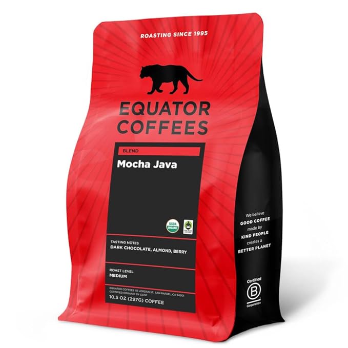 Equator Coffees Mocha Java Blend Organic Whole Bean Coffee Medium Dark Roast Fresh Roasted Dark Chocolate &amp Berry Flavor Notes Sustainable and Fair Trade Certified 10.5 oz Bag