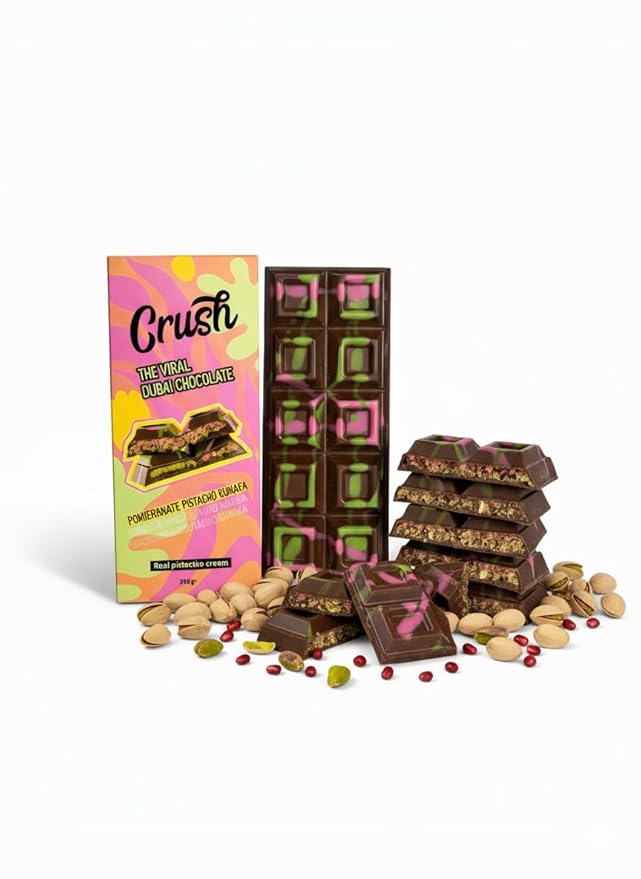 Crush Dubai Pistachio Pomegranate Chocolate Bar – 7 oz Luxury Gift Filled with Toasted Katafi Pomegranate Cream &amp Tahini Inspired by the Classic Knafeh Dessert