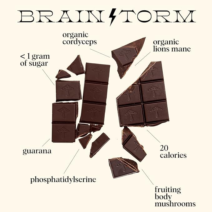 Brainstorm 4-Pack | Functional Mushroom Chocolates | Energy Bites for Focus Clarity &amp Cognitive Function | Lions Mane Cordyceps Guarana &amp Phosphatidylserine Natural Caffeine