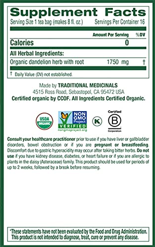Traditional Medicinals Organic Dandelion Leaf &amp Root Herbal Tea Supports Kidney Function &amp Healthy Digestion (Pack of 3) - 48 Tea Bags Total