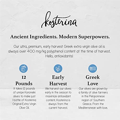 Kosterina - Original Extra Virgin Olive Oil Cold-Pressed Greek EVOO 2022/23 Early Harvest Made with Koroneiki Olives Natural Superfood Polyphenol Rich High Antioxidants Tin | 16.9oz (500ml)