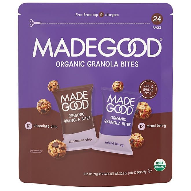 (ONLY GreenFoods) Made so Good Organic Granola Bites 12 x Mixed Berry and 12 x Chocolate Chip 0.85 OZ/Pack Net Wt 20.3 Ounce