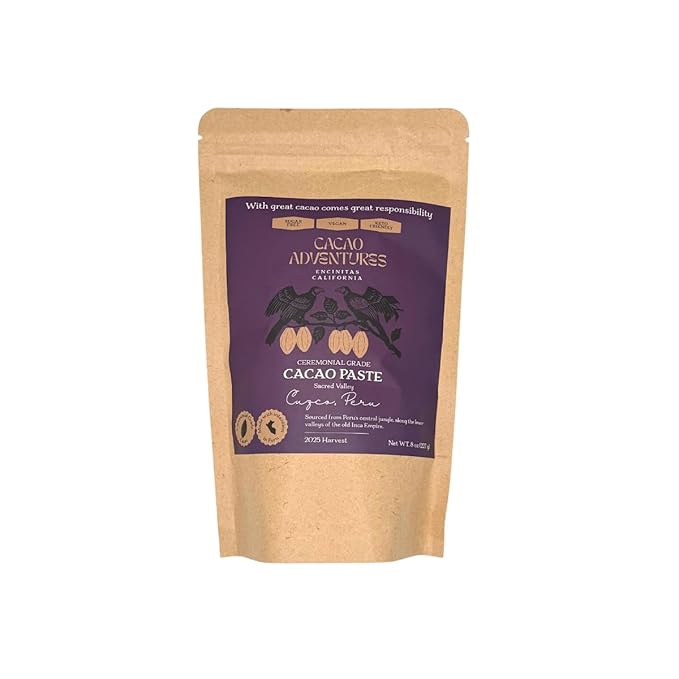 Cacao Adventures Ceremonial Cacao | Sacred Valley Peru 100% Pure Raw |Dairy Free &amp Vegan | Unsweetened | Ethically sourced and sustainably grown | Ceremony | Cusco Chuncho 8 oz