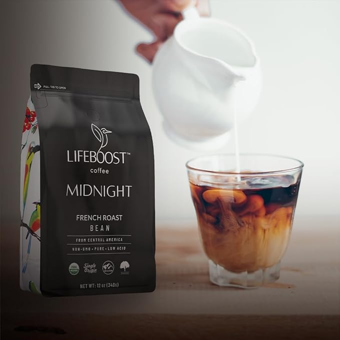 Lifeboost Midnight French Roast Coffee Beans - Single Origin Non-GMO USDA Organic Low Acid French Roast Coffee - Third Party Tested For Mycotoxins &amp Pesticides - 12 Ounces