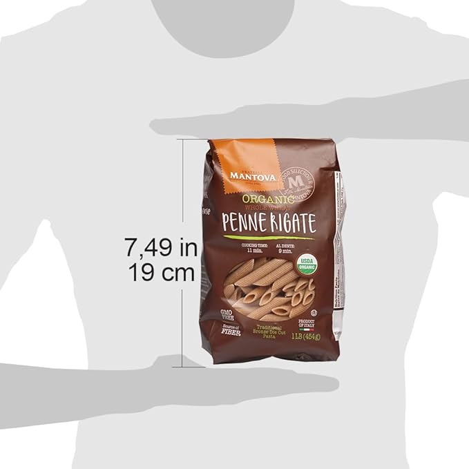 Mantova Italian Organic Whole Wheat Penne Rigate Pasta 100% Durum Semolina Organic Penne - 16 Oz (Pack Of 6) - Product Of Italy