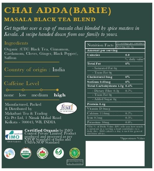 Luxmi Estates Masala Chai 50 Tea Bags (100g) Pack | Adda-Bari | Certified Organic Black Tea | Strong Robust &amp Aromatic Masala | Resealable Zipper Pouch | Brew Hot Iced &amp Latte | Indian Spic
