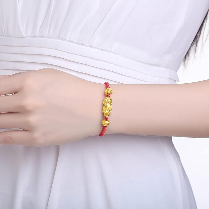 24K Solid Gold Bracelet for Women Real Pure Gold Jewelry Dainty Fortune Pixiu Ball Dragon Turtle Adjustable Red Black Braided Bracelet Her Men Mom