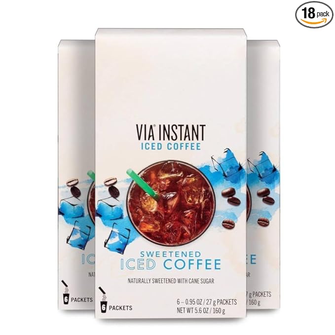 Instant Sweetened VIA Iced Coffee Medium Roast Packets &amp Exclusive Coffee Vinyl Sticker! (18 Packets Total)