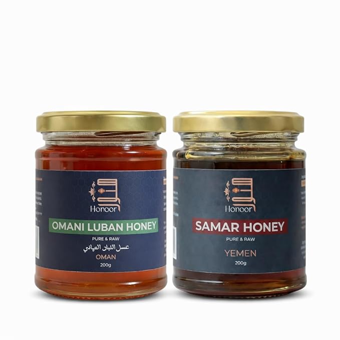 Omani Luban (Frankincense) Honey &amp Samar Honey Bundle (2 × 200g) – Unfiltered Unheated Pure &amp Raw Honey – Glass Jar Luxury Honey Set from Oman &amp Yemen