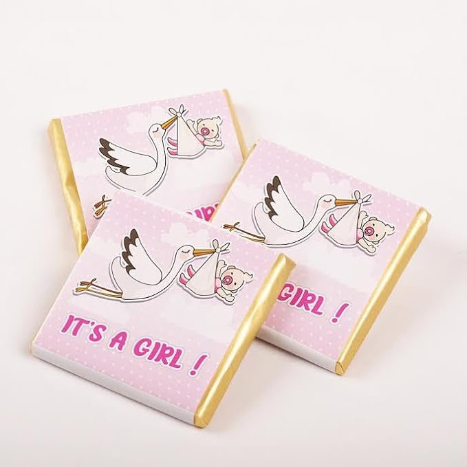Set of 50 It's a boy-girl Baby Chocolates Perfect for Celebrations Gender Reveals and Special OccasionsBaby Shower Gifts. (Girl - Stork)