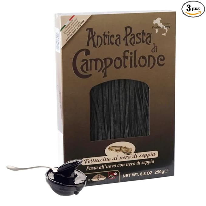 Campofilone Italian Squid Ink Fettuccine Egg Pasta | Marcozzi di Campofilone Traditional Dried Egg Pasta with Squid Ink Imported from Italy | 8.8oz (250g) - Pack of 3
