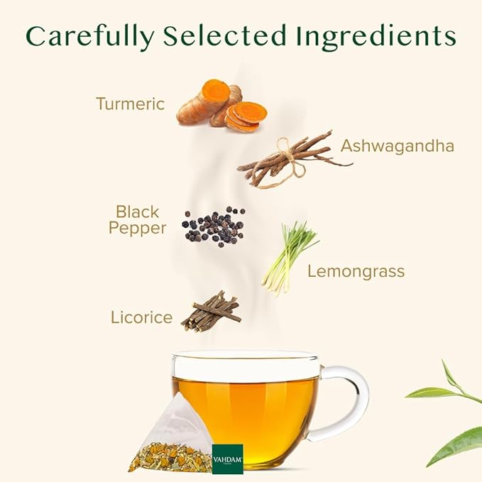VAHDAM Turmeric Ashwagandha Herbal Tea Bags (100 Count) Caffeine Free Non GMO Gluten Free | 100% Pure Herbal Blend - Sweet &amp Earthy | Whole Leaf Tea Bags | Resealable Ziplock Pouch