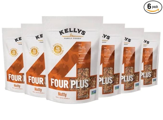 Kellys Four Plus Granola Cereal | Nutty Healthy Granola for Yogurt | Hand Made Snacks for Breakfast - 12 oz (Pack of 6)