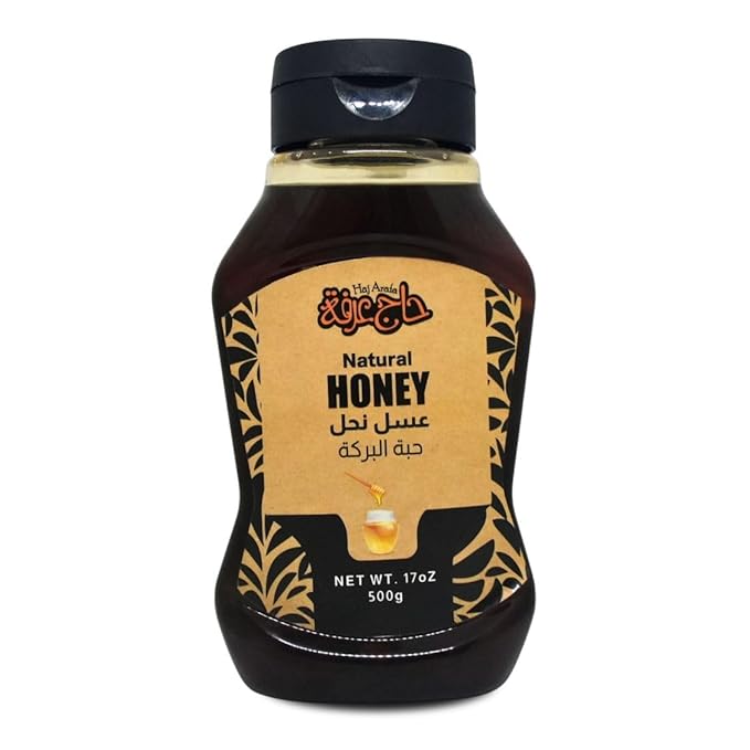 HajArafa Haj Arafa Bee Honey With Black Seed Nigella Extract Natural Egyptian Pure Fresh Rich Syrup Premium Egypt Arab Kosher Halal (1 Pack = 16.90 oz / 500 gm) عسل نحل حبة البركة حاج عرفة حلال