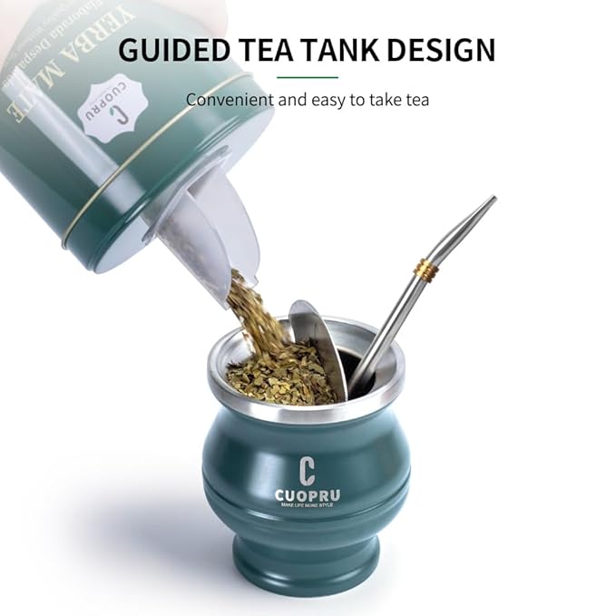 Yerba Mate CUOPRU Traditional Argentinian Mate Tea Low Tea Powder Original Leaves without Stems Included Portable Storage Container(Green Traditional)