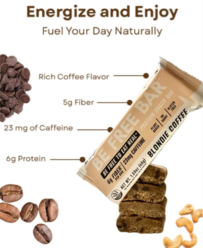 Be Free Bar Blondie Coffee (Box of 12 bars) No Seed Oils. 7g Muscle Building Protein and 6g Prebiotic Chicory Root Fiber which helps promote regularity and maintain a healthy gut microbiome especiall