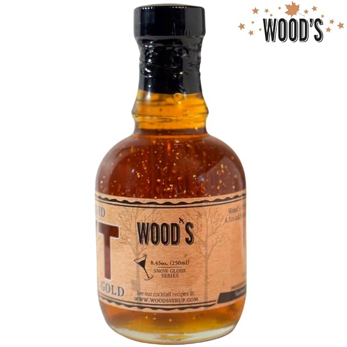 Wood’s Liquid Maple Gold – Vermont Maple Syrup with Real 24K Gold Flakes – Vegan Plant-Based Sweetener – Small Batch Artisanal Luxury Syrup for Gifting Cocktails and Gourmet Cuisine – 8.45 oz Gla