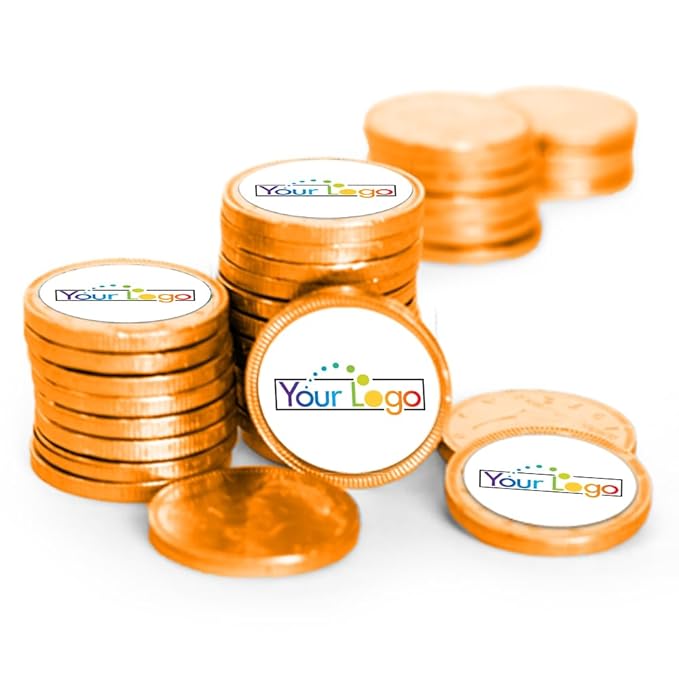 80ct Logo Candy Chocolate Coins with Company Logo Business Promotional Items (80 Pack) Personalized Tradeshow &amp Marketing Giveaways - Orange