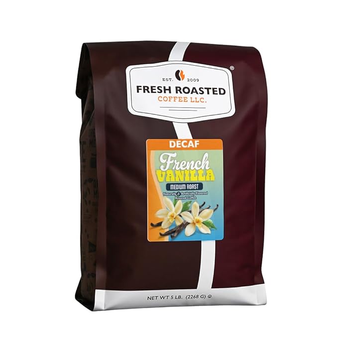 Fresh Roasted Coffee Decaf French Vanilla Flavored Coffee 5 lb (80 oz) Medium Roast Kosher Whole Bean