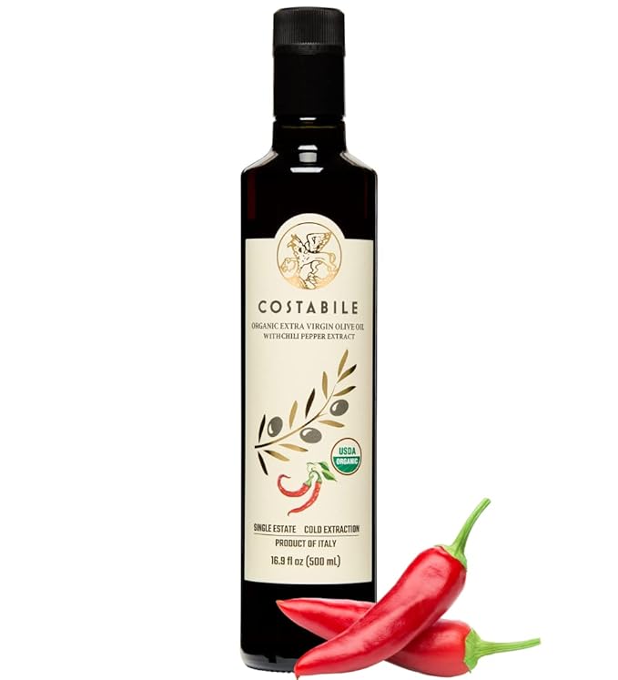 Chilli oil. Spicy Extra Virgin Olive Oil from Puglia Italy Infused with Organic Hot Red Peppers. Perfect as Spicy Vegan Chili Dressing - COSTABILE 16.9 Fl. Oz.
