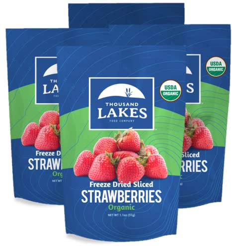Thousand Lakes Freeze Dried Fruit - ORGANIC Strawberries 4-pack 1.1 ounces (4.4 ounces total) | No Sugar Added | 100% Sliced Organic Strawberries