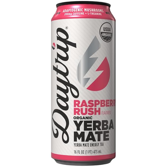 Daytrip Organic Yerba Mate Energy Drink- Clean Plant Based Caffeine (200mg) with Adaptogenic Mushrooms and Green Tea for Focus and Brain Fog - Low Calorie Low Sugar (12 Pack Case)