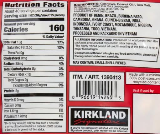 MORALZA Kirkland Signature Fancy Whole Cashews With Sea Salt 40 oz - 2.5LB Item 1390413 Bundle with MORALZA Silicone Collapsible Cup 200ml - 2 Items