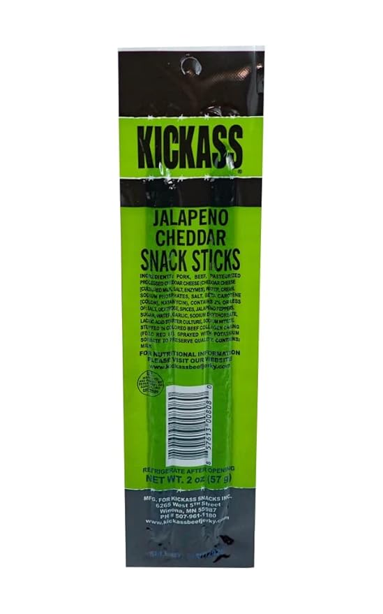 Kickass Jalapeño Cheddar Snack Sticks 16ct Case - 2oz Twin Packs of Pork and Beef Jerky Meat Sticks - Beef Sticks Meat Snacks - Jerky Sticks