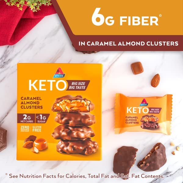Atkins Caramel Almond Clusters Gluten Free High in Fiber 1g Sugar 2g Net Carb Keto Friendly 20 Count