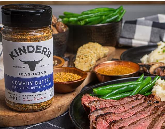 Seasoning Set by KINDERs Pantry Essentials 4 Pack 10.5 oz The Blend 9.5 oz Buttery Steakhouse 9.5 oz Woodfired Garlic 9.4 oz Cowboy Butter Gluten Free Non-GMO