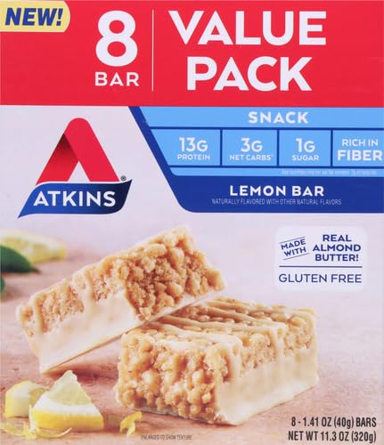 Atkins Lemon Snack Bar Made with Real Almond Butter 1g Sugar Gluten Free High in Fiber Keto Friendly 8 Count