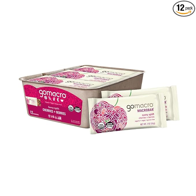 GoMacro MacroBar Organic Vegan Snack Bars - Cherries + Berries (2.0 Ounce Bars 12 Count)