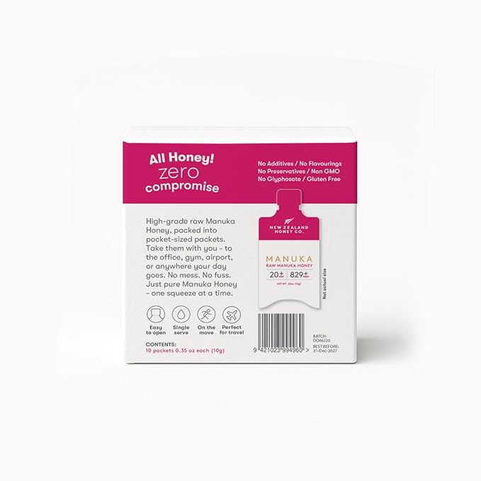 New Zealand Honey Co. Manuka Honey Packets UMF 20+ | Individual Single Serve Packs for Tea and Daily Wellness - Travel Friendly On the Go Format - 10 Pack