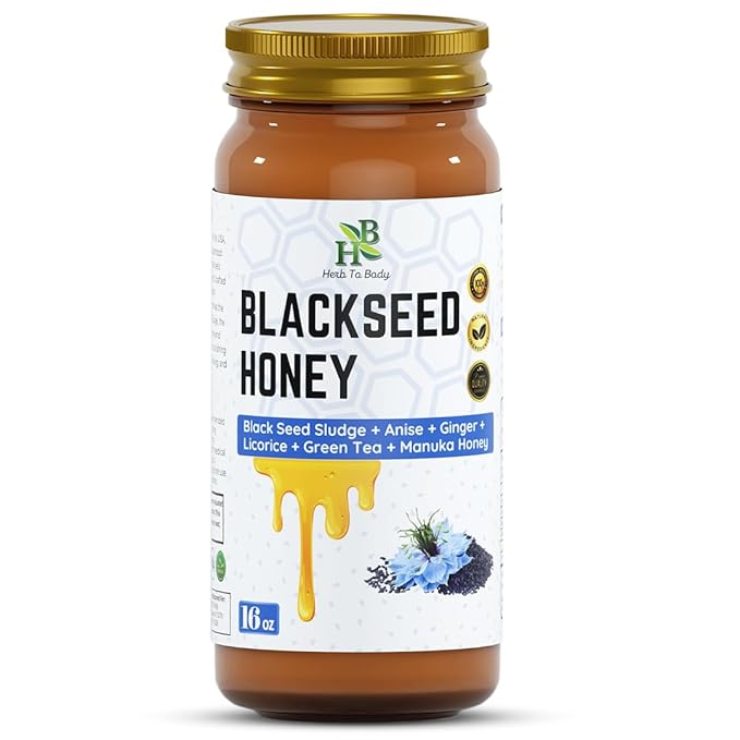 Herb To Body Black Seed Honey 16oz - Premium Superfood Blend with Organic Manuka Honey Royal Jelly Ginseng Bee Propolis &amp Licorice Gluten Free Non GMO Immune Booster