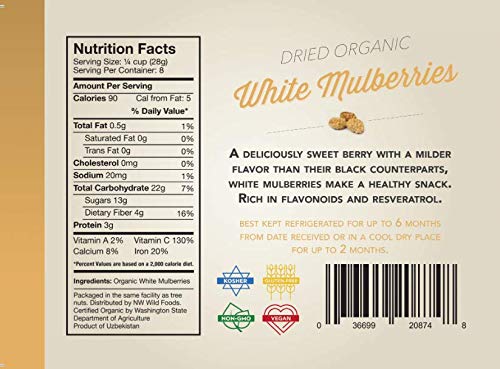 Dried Organic White Mulberries - Northwest Wild Foods - for Granola Morning Snack Baking Trail Mix (8 Ounces)
