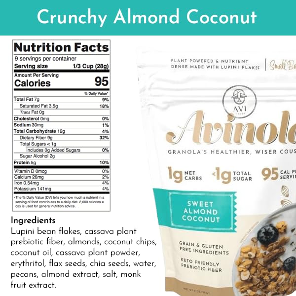 Avi Crunchy Almond Coconut Granola - 9oz Grain &amp Gluten Free Keto 5g of Protein and 9 g of Fiber Zero Sugar Added zero oats made with lupini beans - Superfood Snack